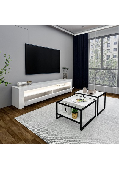 Batı Led Işıklı Tv Sehpası Ve Modern İkili Orta Sehpa Set Beyaz