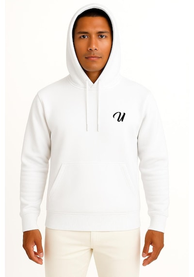 Bahriyeli Collection Kapüşonlu U Harfi Cep Baskılı Unisex Sweatshirt Beyaz
