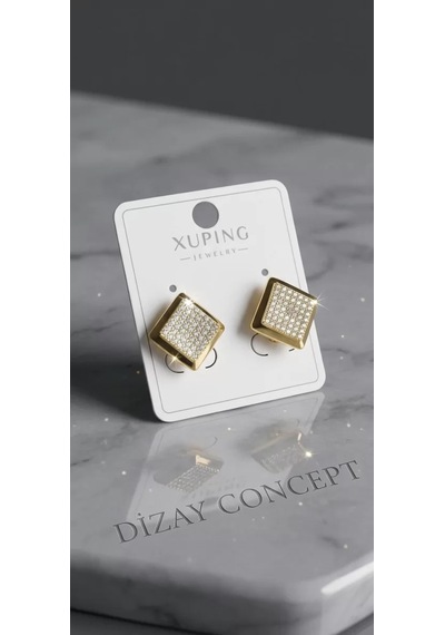 Xuping Kare Zirkon Taşlı Gold Renkli Bayan Küpe Altın