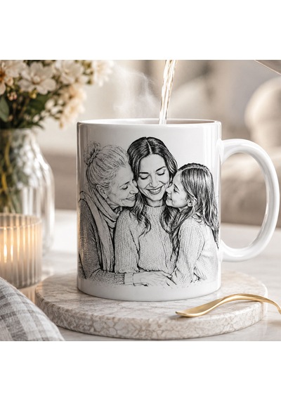Bk Gift Kişiye Özel Karakalem Çizimli Fotoğraflı Beyaz Kupa Bardak