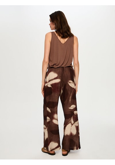 Faik Sönmez Soyut Çiçek Desen Ketenli Wide Leg Fit Pantolon S26pnt035 Us26pnt03530 Kahve