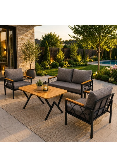 Miray 211 Masalı Gri Balkon Bahçe Oturma Grubu Minderli Metal Bahçe Mobilyası Takımı