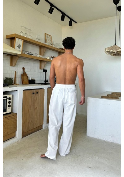 Flaw Bel Lastikli Rahat Kesim Keten Pantolon Beyaz Beyaz
