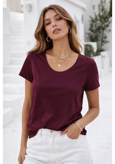 Kadın Bordo Bisiklet Yaka Kısa Kollu Tişört Bordo