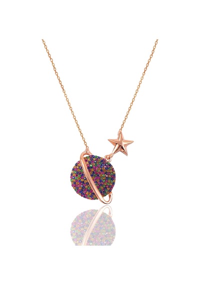 Gümüş Rose Renkli Taşlı Satürn Gezegen Kolye Barcode Gümüş - Rose Gold