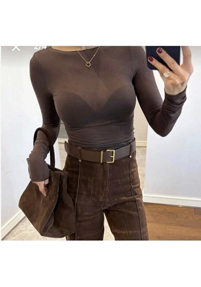 Pantofashion Kayık Yaka Modal Kaşmir Ultra Hafif Bluz Kahverengi