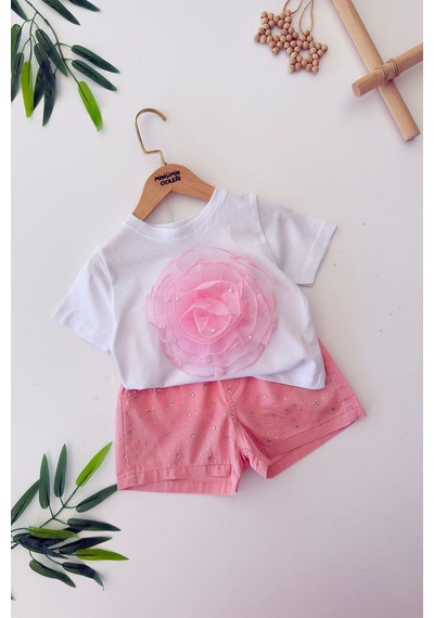 Miniğimin Cicileri Batik Gül Detaylı Taşlı Kız Çocuk Şortlu 2 Li Takım - Pembe