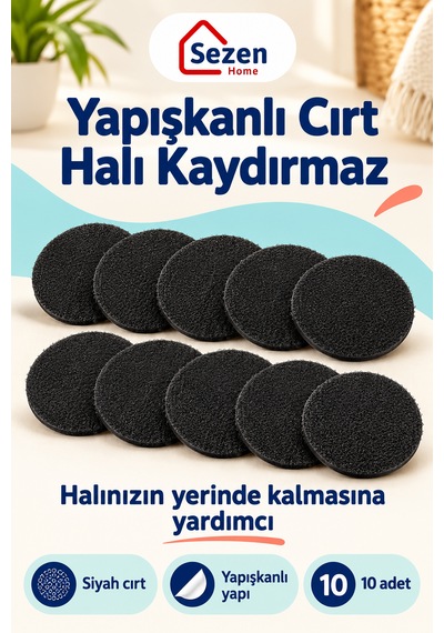 10 Adet Cırt Cırtlı Halı Sabitleyici Siyah Yuvarlak Halı Kaydırmaz