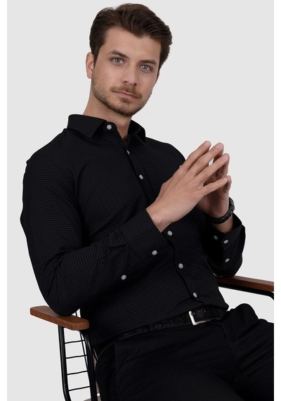 Beyaz Nokta Desenli Siyah Slimfit Erkek Gömlek Siyah