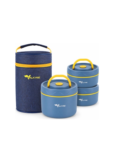 Valkyrie 3 Göz Taraftar 304 Paslanmaz Çelik Yemek Lunch Box 420+420+550 Ml Isı Yalıtımlı Çantalı Lacivert