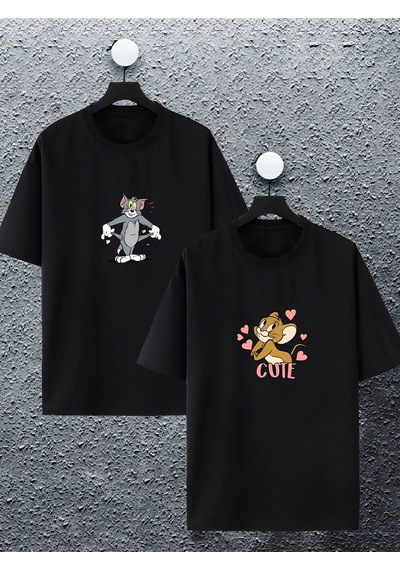 Unisex Kadın Erkek Tom Ve Jerry Cute Baskılı Sevgili Çift Tişört Kombin Oversize Tshirt 2'li Takım Siyah Mck2451 Siyah
