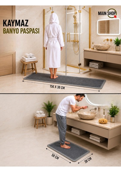 Mainshop 2 Li Set Sihirli Su Emici Mutfak Banyo Paspası Kaymaz Tabanlı 156x38 Cm Takım 38x58 Cm Yazısız Model M-62 Gri