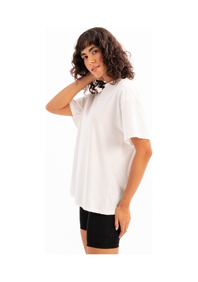 Justever 100% Pamuk Oversize Fit Bisiklet Yaka Ekru Kadın T-shirt - Halo Ekru