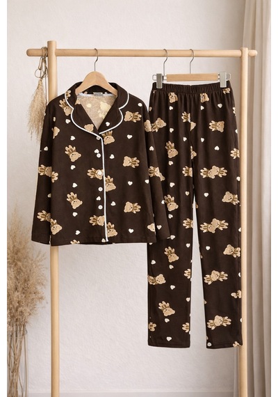 Beka Kids Ayıcık Desenli Uzun Kollu Önden Düğmeli Gömlek Yaka Kız Çocuk Pijama Takımı %100 Pamuklu Kahverengi Beka Kids Ayıcık Desenli Uzun Kollu Önden Düğmeli Gömlek Yaka Kız Çocuk Pijama Takımı %100 Pamuklu Kahverengi