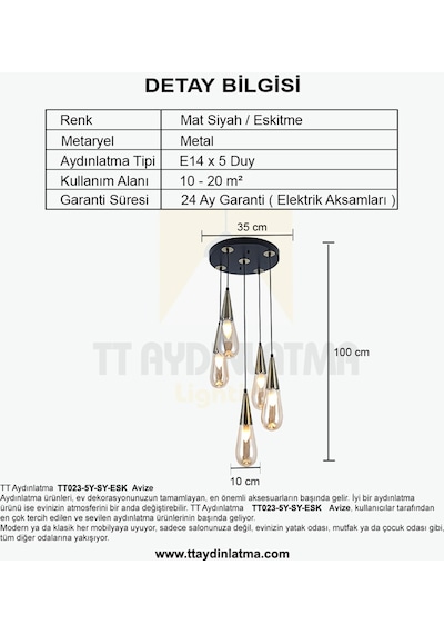 Tt023-5Y-Sy-Esk Tt Aydınlatma Eskitme 5 Li Damla Modeli Avize