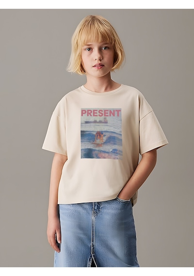 Uyguntarz Çocuk Yazılı Kalp Baskılı Pamuklu Tshirt Bej