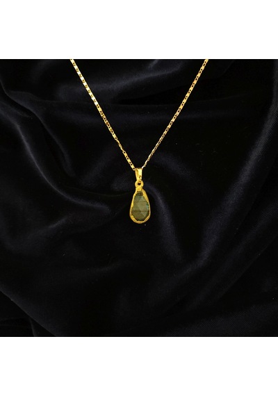 Doğal Labradorit Taşlı Damla Kesim Gold Çerçeveli Çelik Zincirli Kolye Siyah