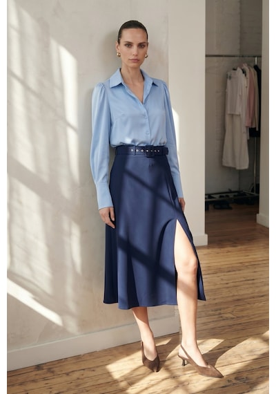 Sateen Kemerli Yırtmaç Detaylı Kloş Etek - Lacivert-137418