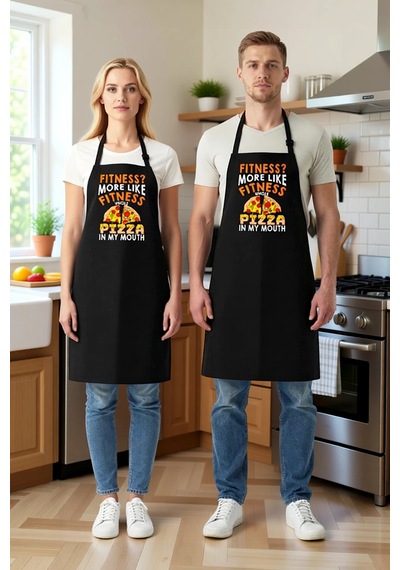 Unisex Mutfak Aşçı Önlüğü Pizza Baskılı Komik Tasarım Mizah Desen Siyah