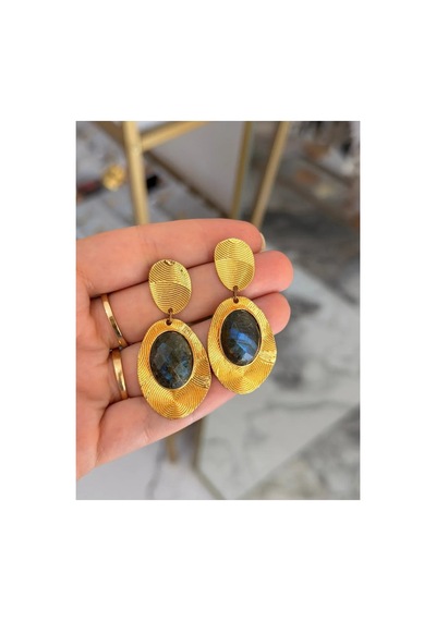 Vıp Doğal Labradorit Model Vintage Tasarım Küpe Altın