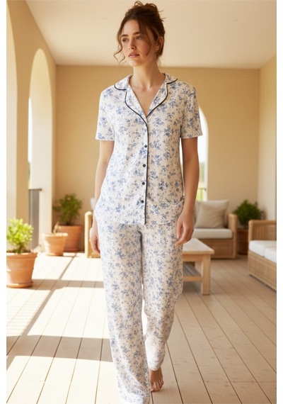 Siyah İnci Düğmeli Biyeli Viskon Örme Pijama Takım 26120763 Beyaz