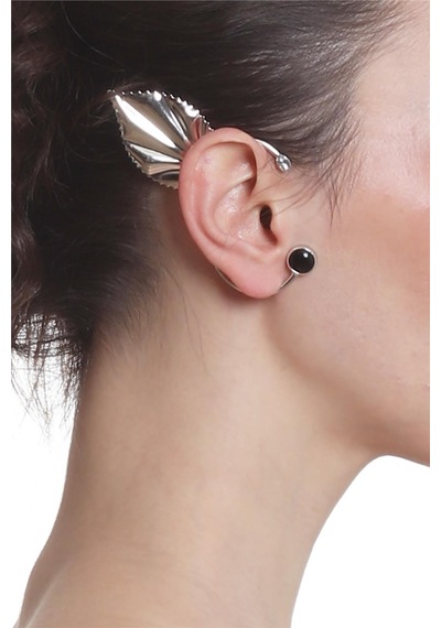 Kadın Gümüş Renk Lak Kaplama Taşlı Yaprak Stilizesi Sağ Kulak Earcuff & Kıkırdak Küpe Çok Renkli