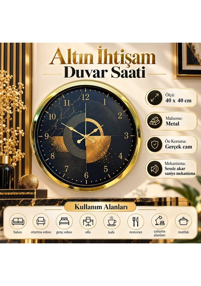 Altın İhtişam 40 X 40 Cm Gold Metal Duvar Saati