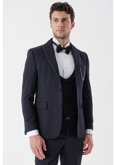 İmza Koyu Lacivert Desenli Armürlü Çıkarılabilir Şal Yaka Kruvaze 6 Drop Slim Fit Smokin Damatlık Takım 1001230214-Koyu Lacivert