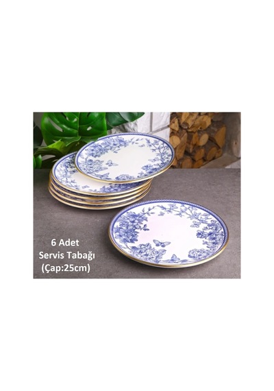 Butterfly 6 Kişilik 25cm Seramik Servis Sunum Tabağı Seti Mavi