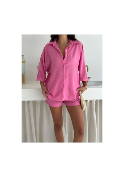 Wellway Keten Kumaş Oversize Gömlek & Şort İkili Takım-pembe Pembe