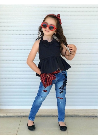 Quzucuk Kids Kız Çocuk Ekose Detaylı Pantolonlu Takım Çok Renkli