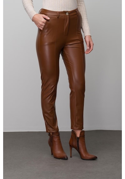 Olcay Deri Görünümlü Dikiş Detaylı Skinny Fit Pantolon Taba 7562