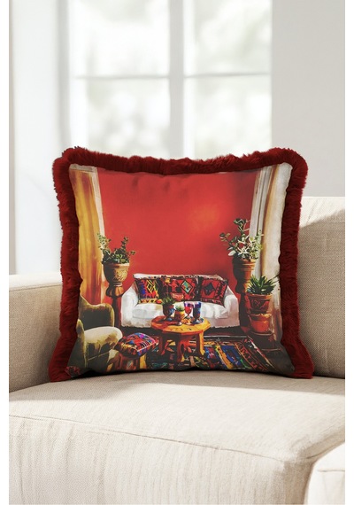 Etnik Otantik Şark Köşesi Saçaklı Yastık Kılıfı - Kiremit Bordo Püsküllü Kırlent Kılıfı - 40x40 Cm Uzak Düş Halo