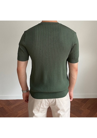 Tarz Cool Erkek Fitilli Slim Fit Bisiklet Yaka Triko T-shirt Haki