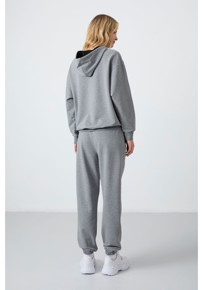 Tommy Life Gri Melanj Kapüşonlu Kanguru Cep Oversize Lastik Paça Kadın Eşofman Takımı - 95288 GRİ MELANJ