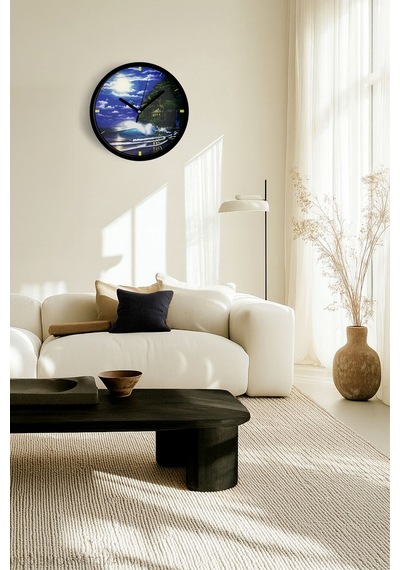 Gece Manzaralı Okyanus Dalgaları Modern Duvar Saati - 25cm - Önü Camlı Siyah Kasa - Sessiz Mekanizma-jh0576 Siyah