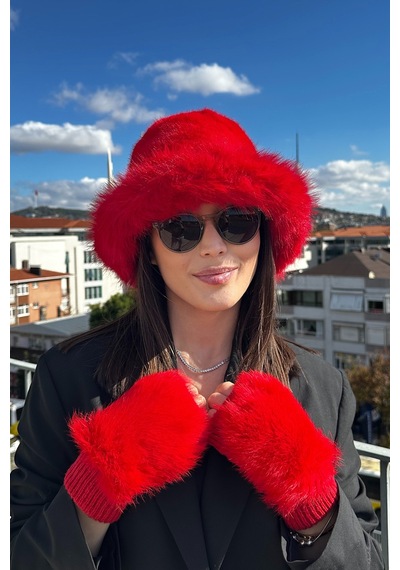 Mollycrush Kadın Kırmızı 2 Li Peluş Bucket Şapka Eldiven Trend Premium Set Kırmızı