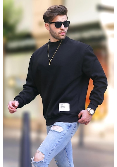Madmext Siyah Bisiklet Yaka Oversize Şardonlu Arma Detaylı Erkek Sweatshirt 7043-siyah Siyah