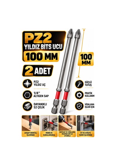 Pz2 Yıldız Uzun Bits Uç 100 Mm 2 Adet S2 Çelik 1/4 İnç Altıgen Şaftlı Tornavida Vidalama Ucu