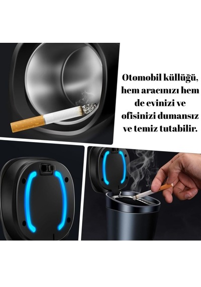 Araç İçi Küllük Işıklı Kapaklı Yanmaz Koku Geçirmez Multi Fonksiyon Üniversal Siyah Glz03504051