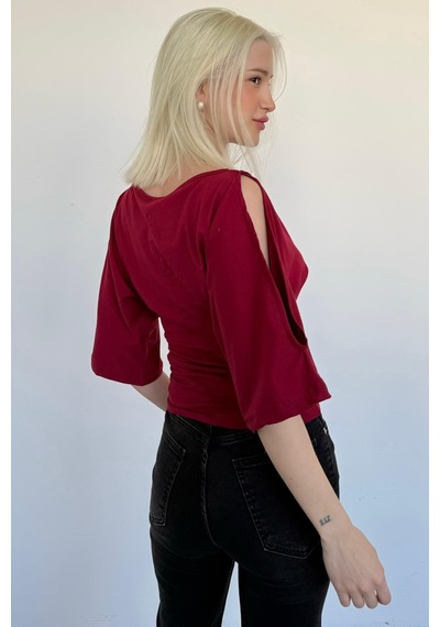Madmext Bordo Belden Büzgülü Yarasa Kollu Açık Omuz Bluz Mg2672 bordo