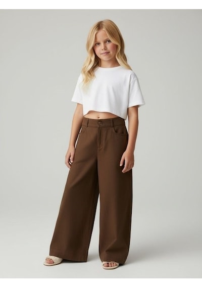 Zekids Kız Çocuk Bol Paça Modal Kumaş Tasarım Pantolon-17149 Kahverengi