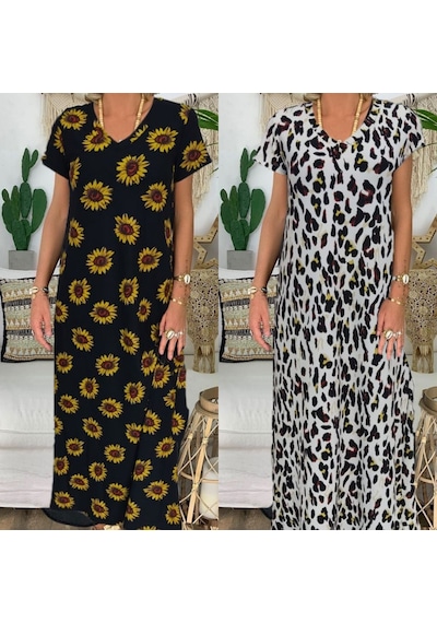 Efnaz Style Kadın Kısa Kollu V Yaka Tam Boy Zebra Desen Pegasus Kumaş Elbise Leopar