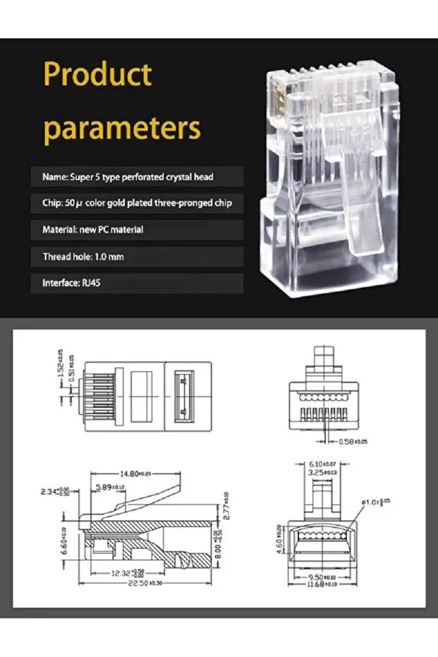 100 Adet Yeni Nesil Delikli Rj45 Cat5 Cat6 Ethernet Internet Kablo Soketi Konnektör 8p8c Jack Utp Uç