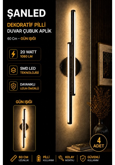 Dekoratif 20w İç Mekan Siyah Kasa Gün Işığı 60 Cm Duvar Aplik Pilli 4 Adet