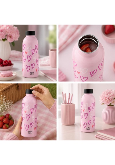 Mamawata Hearts Paslanmaz Çelik Termos Matara 470 Ml Sızdırmaz Yalıtımlı Suluk Açık Pembe