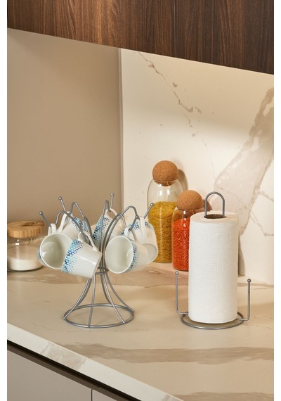 Edora Home 2'li Gümüş Mutfak Organizer Seti, Misketli Kağıt Havluluk Ve 6 Kancalı Bardaklık - Metal Paslanmaz