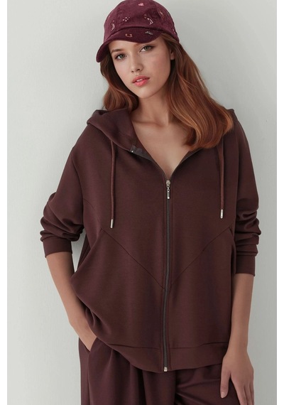 Hiccup Modal Touch Fermuarlı Kapşonlu Sweatshirt Kestane Kahvesi