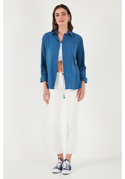 Lela Regular Fit Tek Cepli Önü Kısa Arkası Uzun Krinkıl Bayan Gömlek 6772752 Indigo