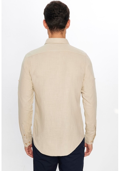 Tudors Erkek Slim Fit Dar Kesim Uzun Kollu %100 Pamuk Keten Doku Çift Cep Spor Yaka Taş Rengi Gömlek-29633 Taş